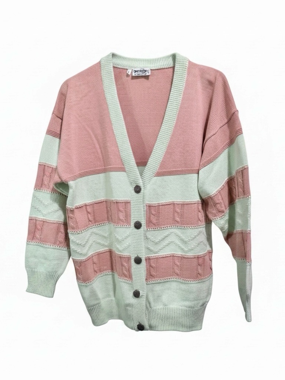 Vintage  Striped Button-Front Cardigan Sweater - Pink & Mint